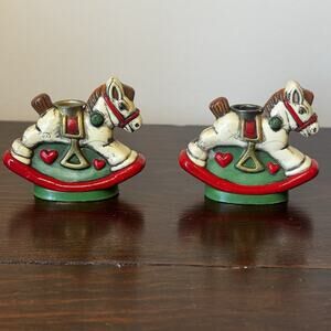 Vintage 2 Christmas Rocking Horse Candle Holder Holiday Memories Nostalgic Pony